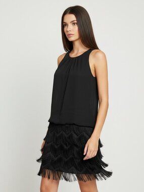 Aidan Mattox Black Flapper Fringe Halter Cocktail Party Dress Size 4